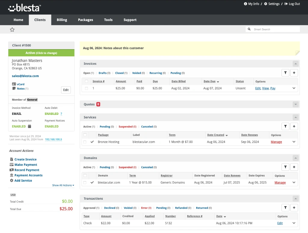 A client profile in Blesta showing services, invoices and transactions