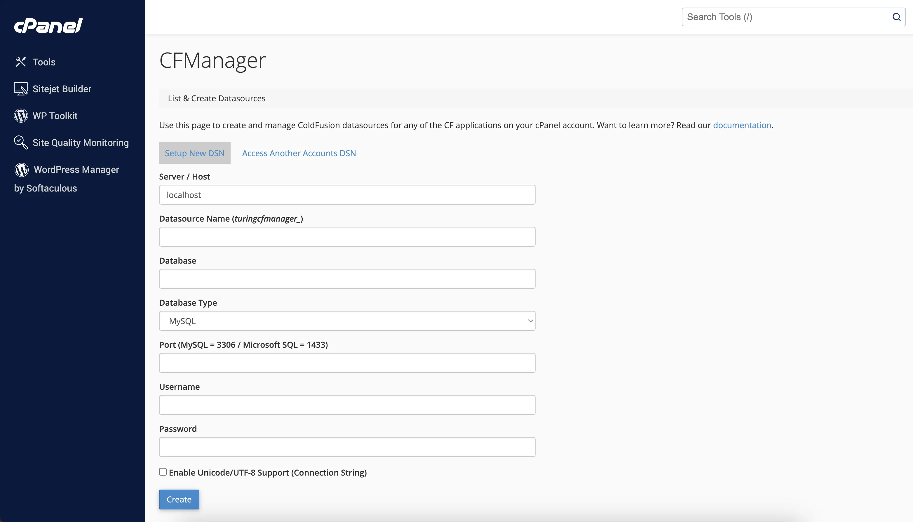 Creating a datasource in CFManager from cPanel